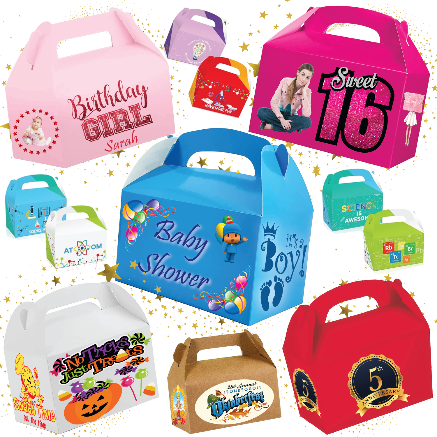Party Food/Gift/Favor Gable Treat Box (4 Sides Custom Printed)